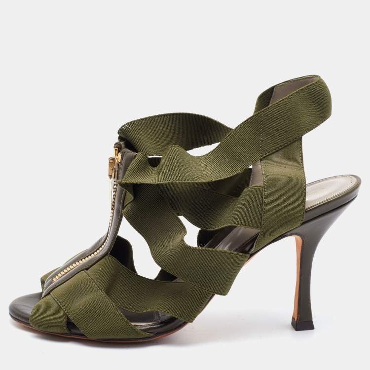 Sergio Rossi Olive Heels Leather And Stretchy Band With Gold Zipper Women’s 7